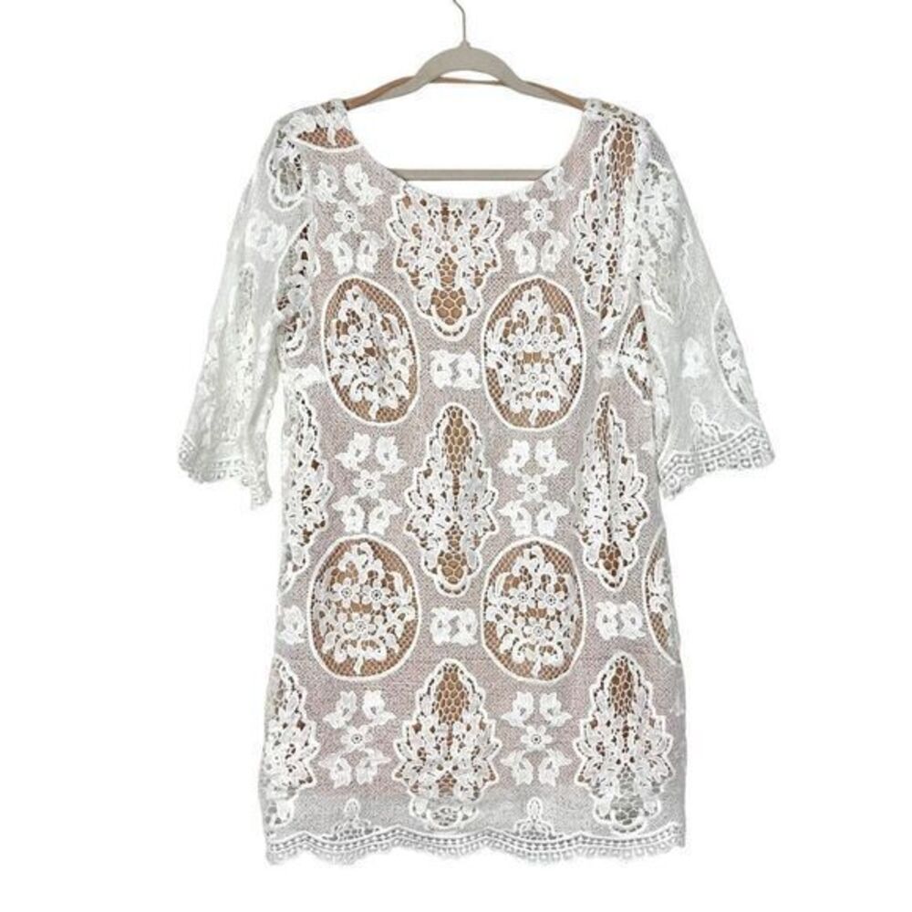 Meghan Lace Overlay Nude Dress Large White Embroidered 3/4 Sleeve Mini Bridal L